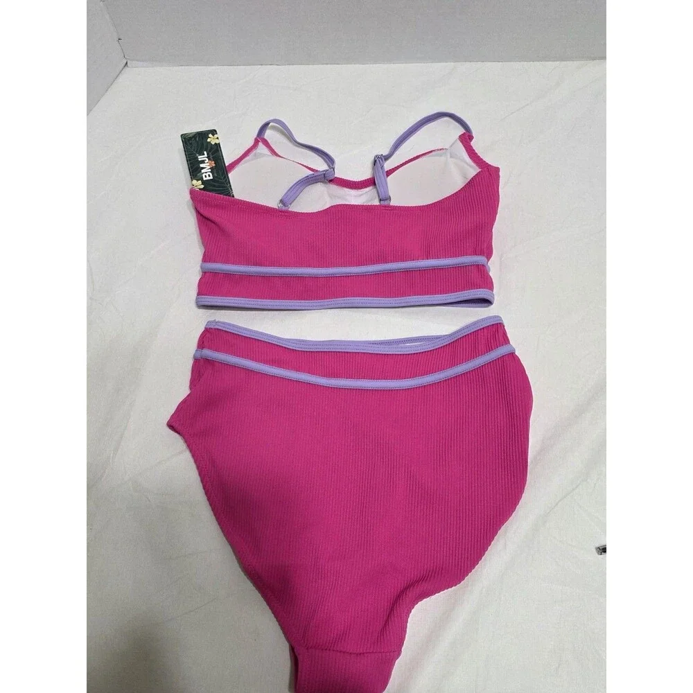 NWT BMJL Two Piece Swimsuit Pink w/ Purple Trim Bikini Size Small